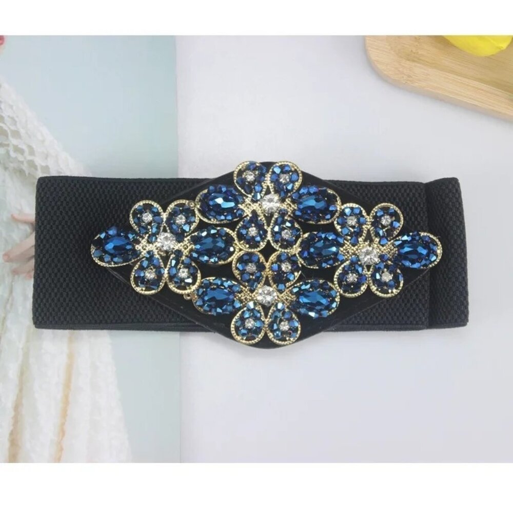 Black Stretch Belt with Blue Crystal Floral Accent